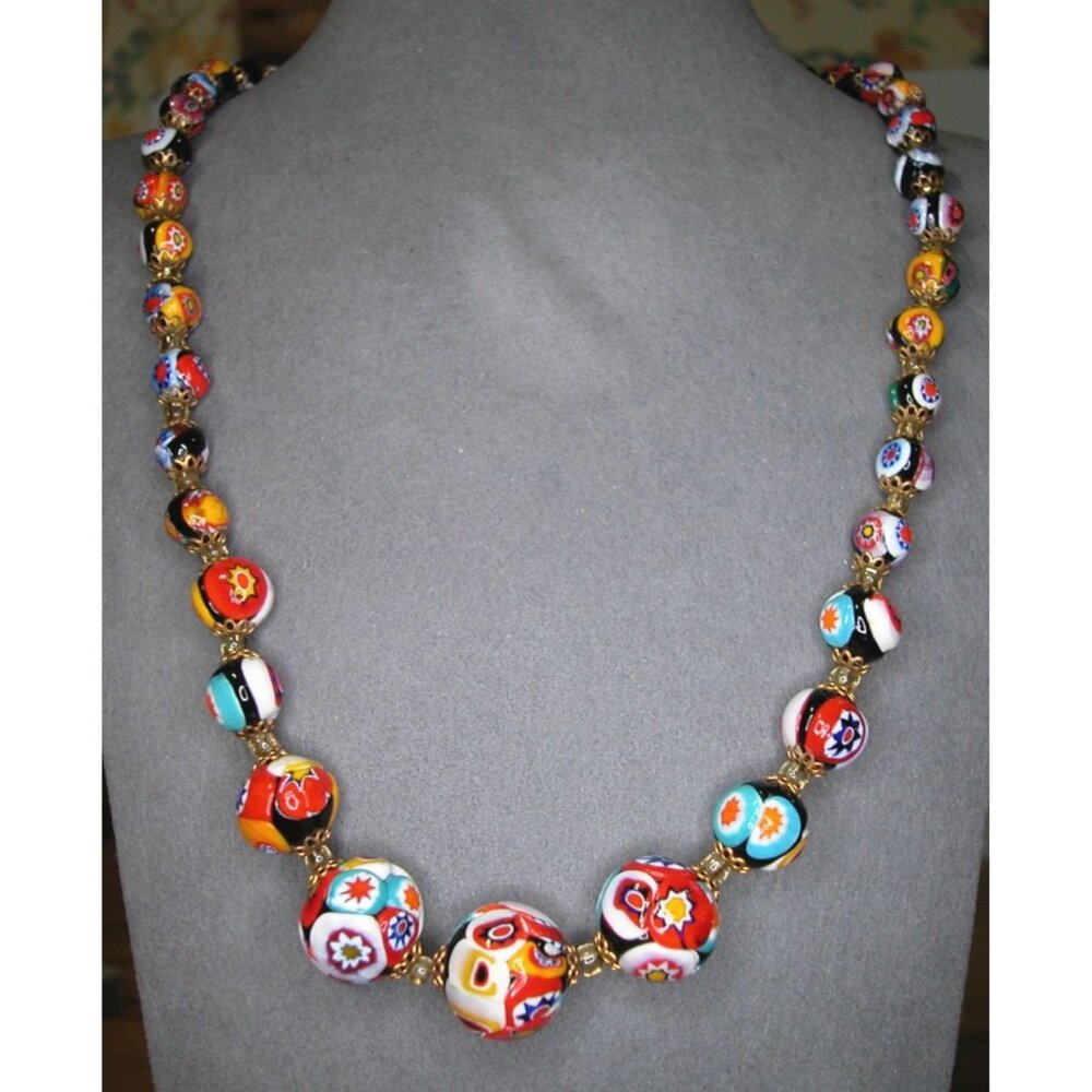 Vintage Millefiori Glass Bead Necklace 20" Multicolor With Gold-Tone Accents